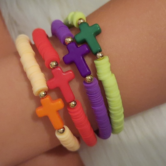 Kids Stackable Clay Beaded Bracelet with Cross-4 pcs Set - Picture 1 of 7